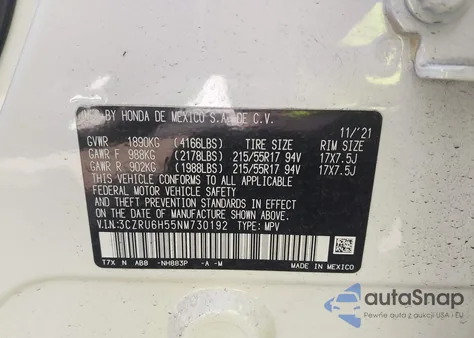 2022 Honda Hr-V Awd Ex из США, поврежденный, VIN 3CZRU6H55NM730192